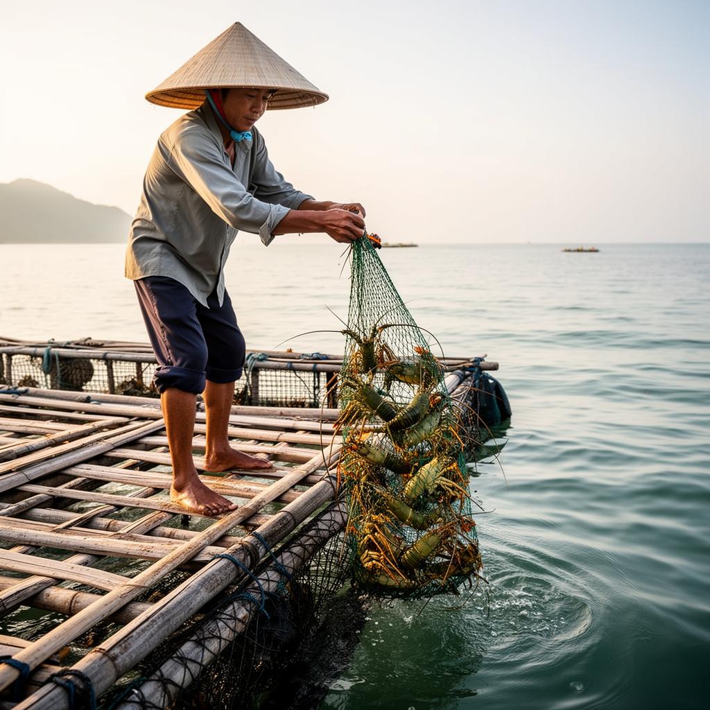 Người dân thu hoạch tôm tại bè nuôi Sông Cầu